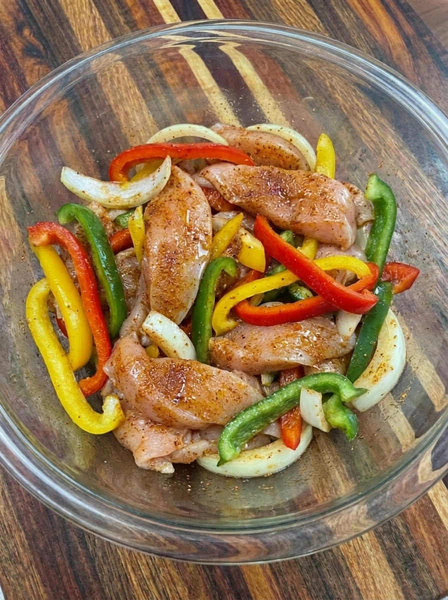 Chicken and vegetables coated for Chicken Fajita Casserole