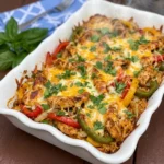 Chicken Fajita Casserole with melted cheese and colorful peppers