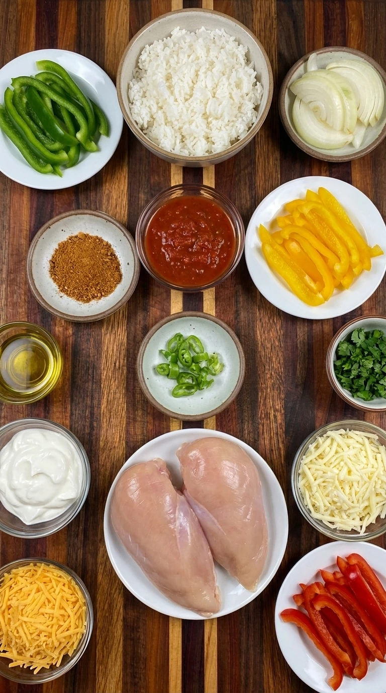 Ingredients for Chicken Fajita Casserole in separate containers