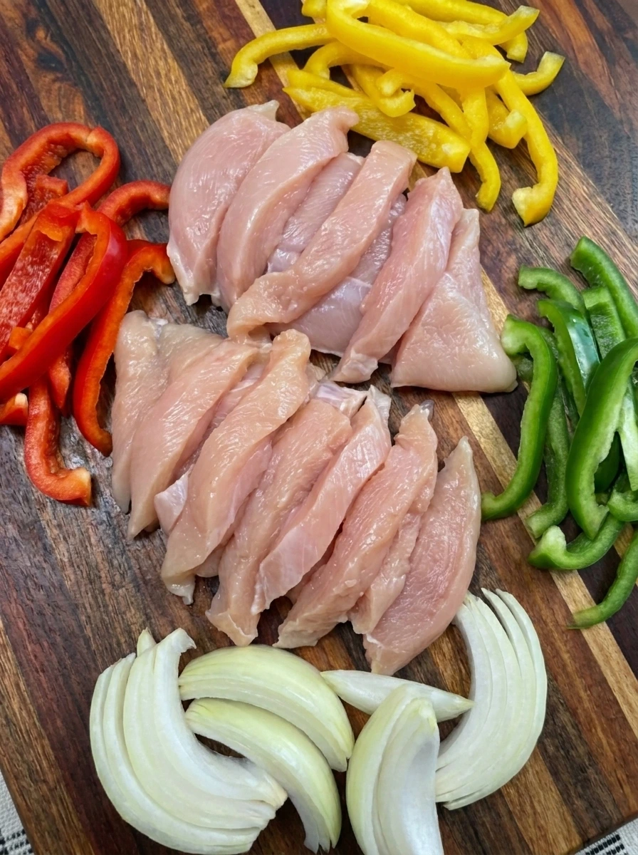 Sliced chicken and peppers for Chicken Fajita Casserole
