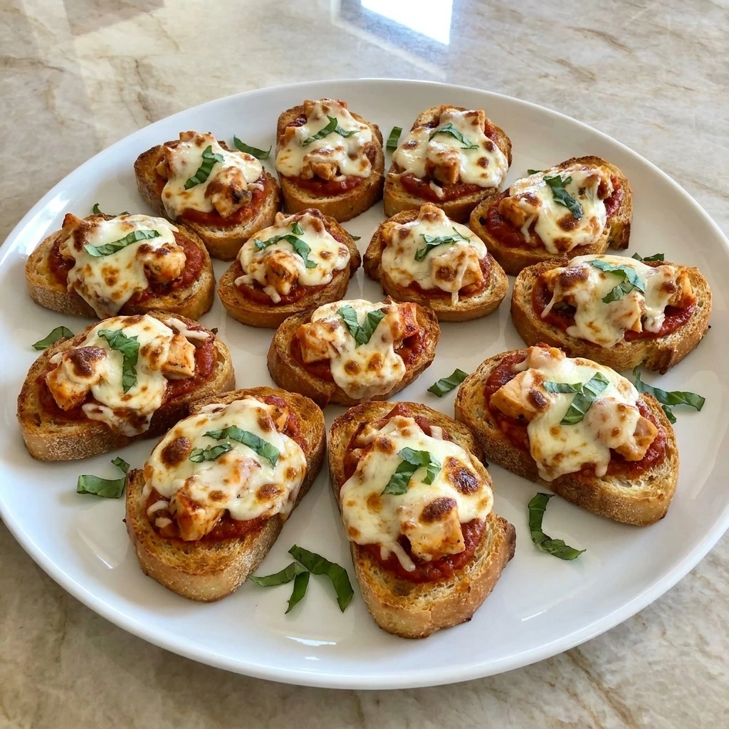 Chicken Parmesan Toast Bites with marinara and melted mozzarella