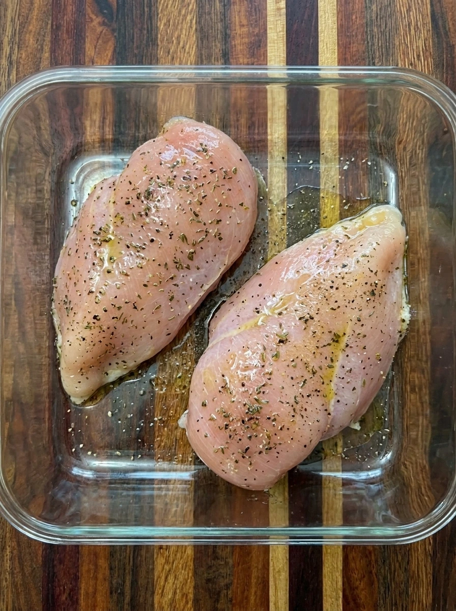 Two seasoned chicken breasts ready to bake