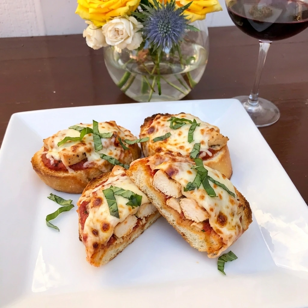 Three served Chicken Parmesan Toast Bites with one cut open
