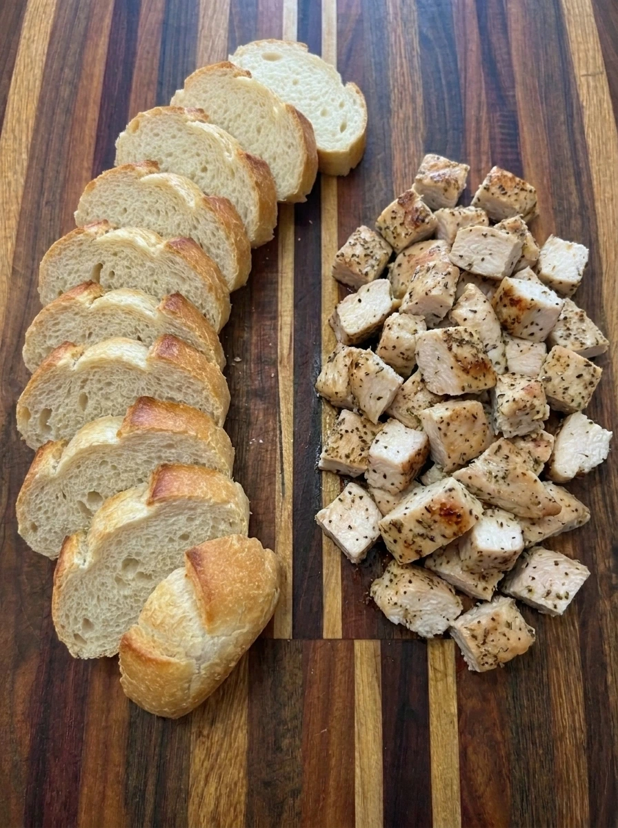 Twelve baguette slices beside diced cooked chicken