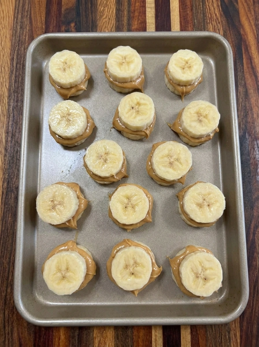 Twelve peanut butter banana sandwiches for Chocolate Banana Freezer Bites