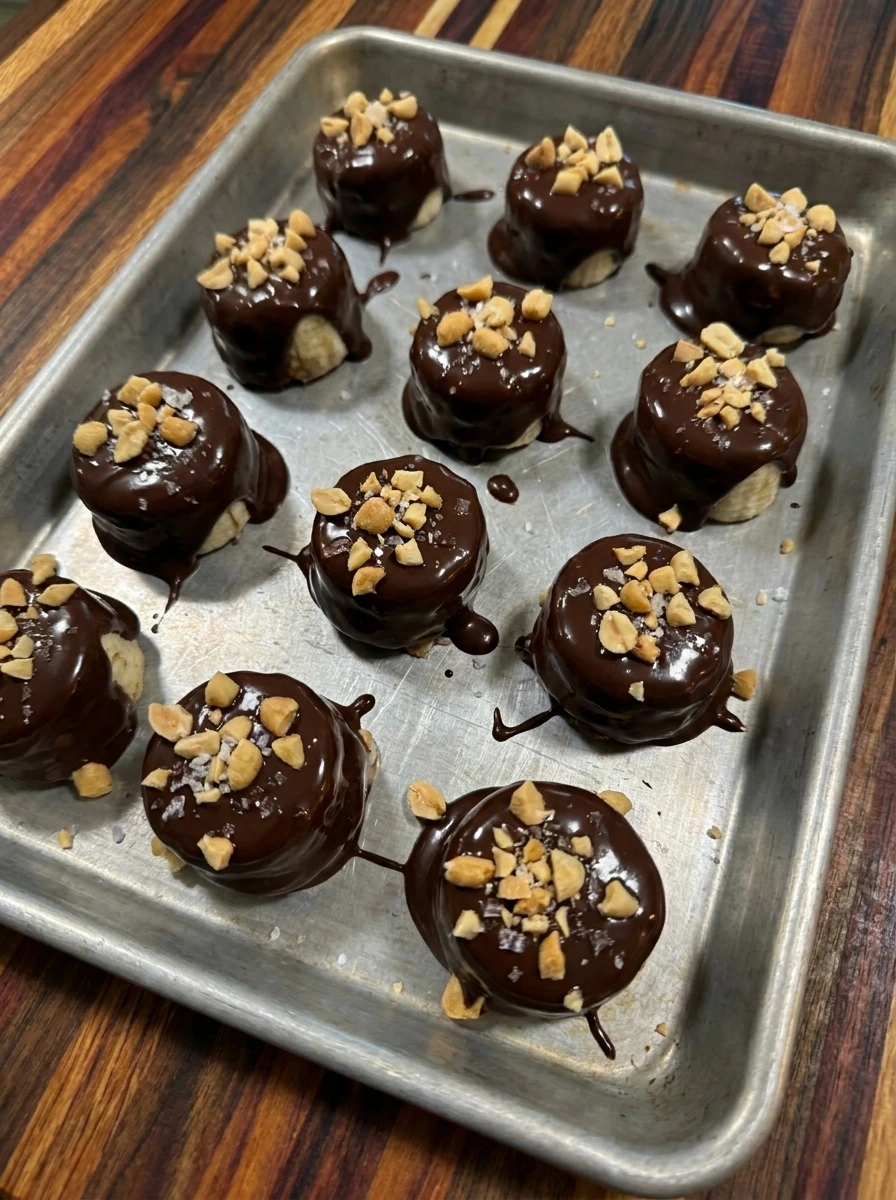 Chocolate coated banana freezer bites topped with peanuts and sea salt