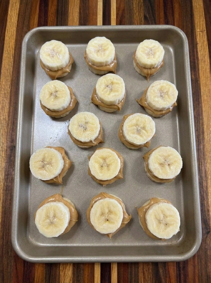 Firm frozen banana peanut butter sandwiches before chocolate coating