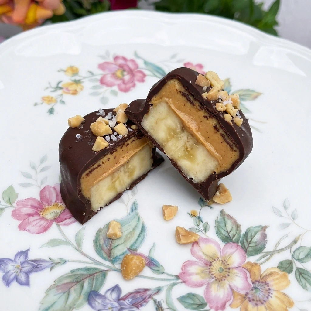 One Chocolate Banana Freezer Bite cut open to show banana and peanut butter