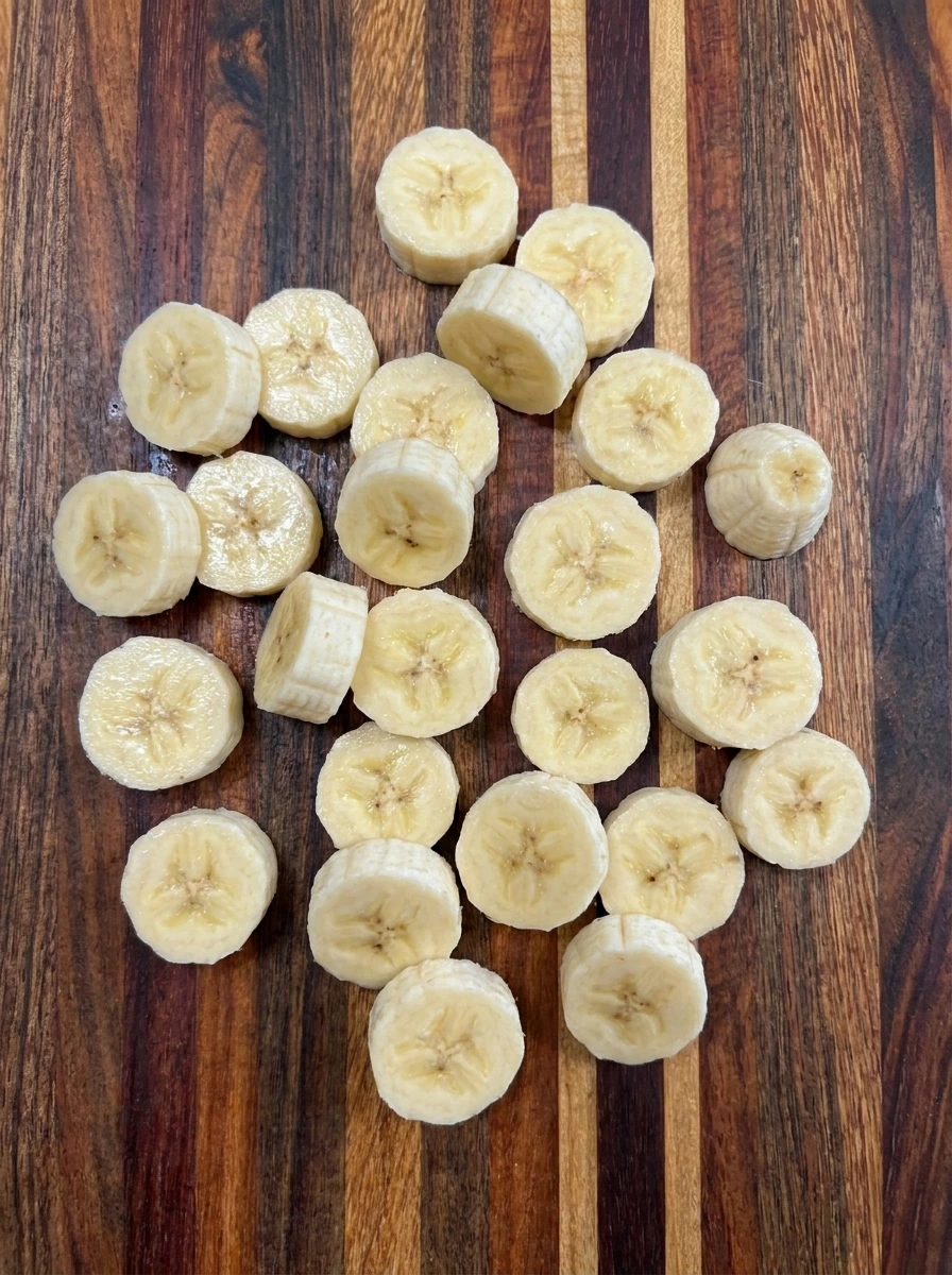 Twenty four banana rounds sliced for Chocolate Banana Freezer Bites