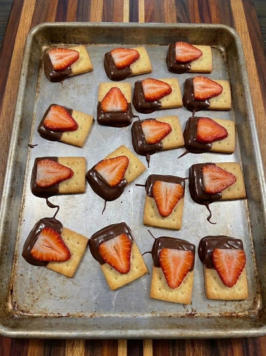Fresh strawberry slices added to chocolate dipped crackers