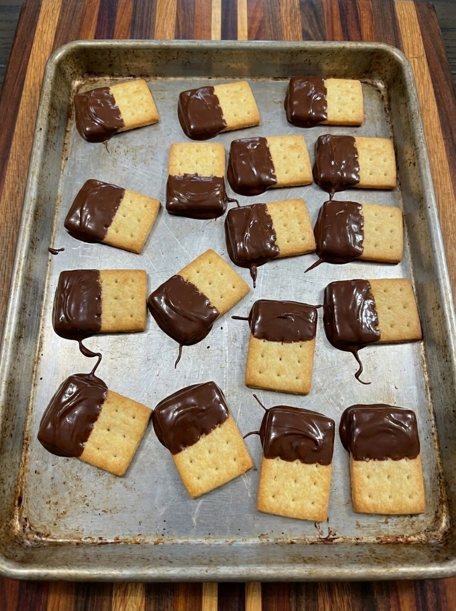 Sixteen crackers partly dipped in chocolate on a baking tray