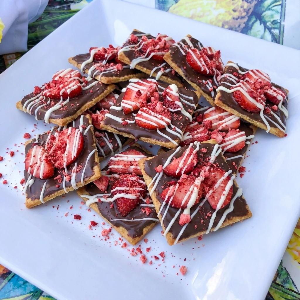 Chocolate Dipped Strawberry Crackers topped with fresh berries and white chocolate drizzle