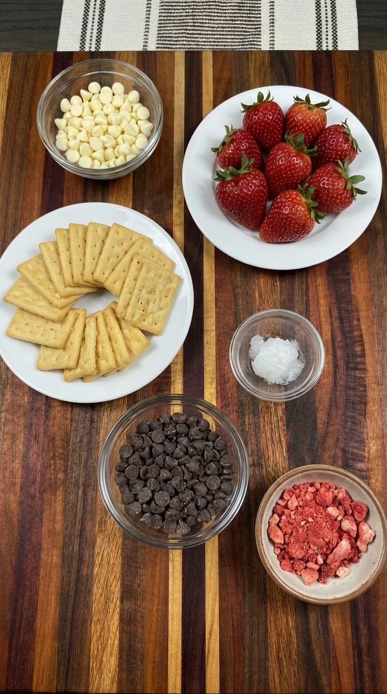 Ingredients for Chocolate Dipped Strawberry Crackers in separate small containers