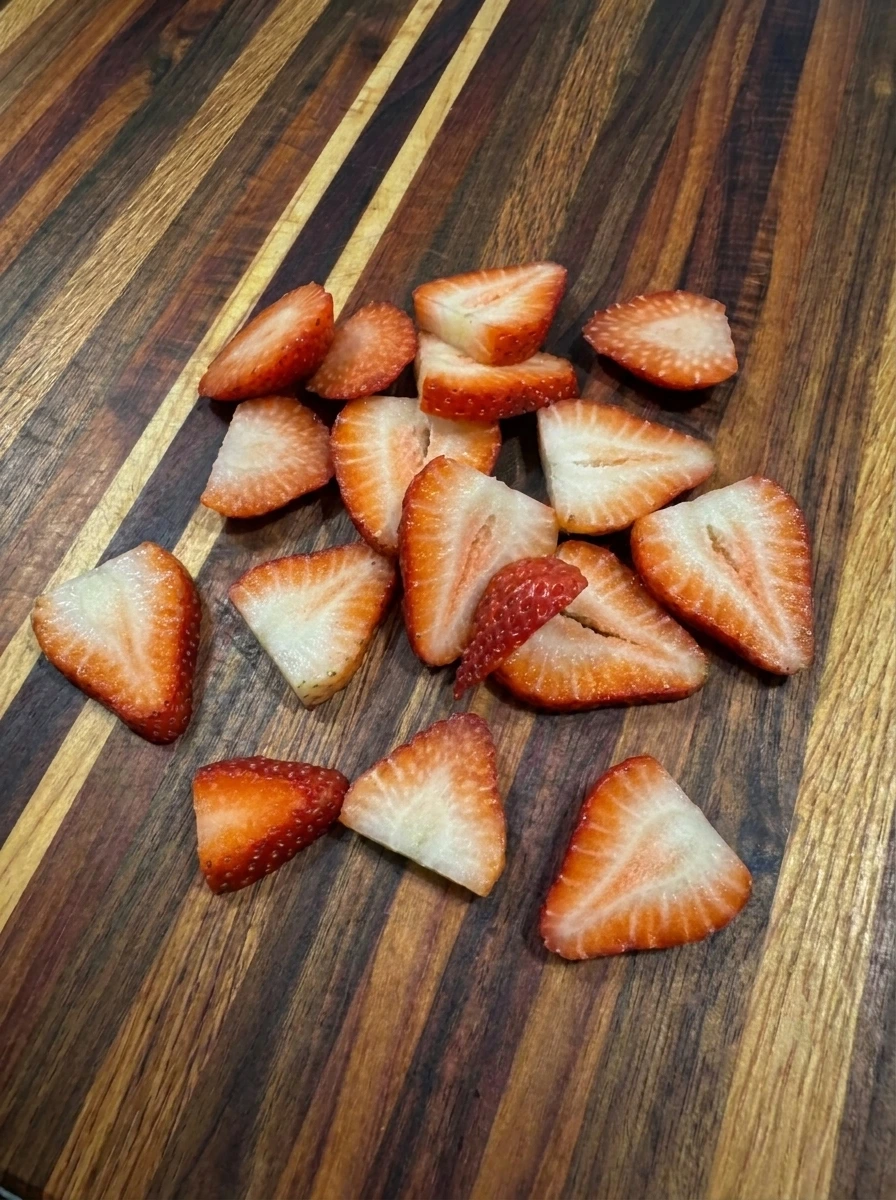 Sixteen sliced strawberries prepared for Chocolate Dipped Strawberry Crackers