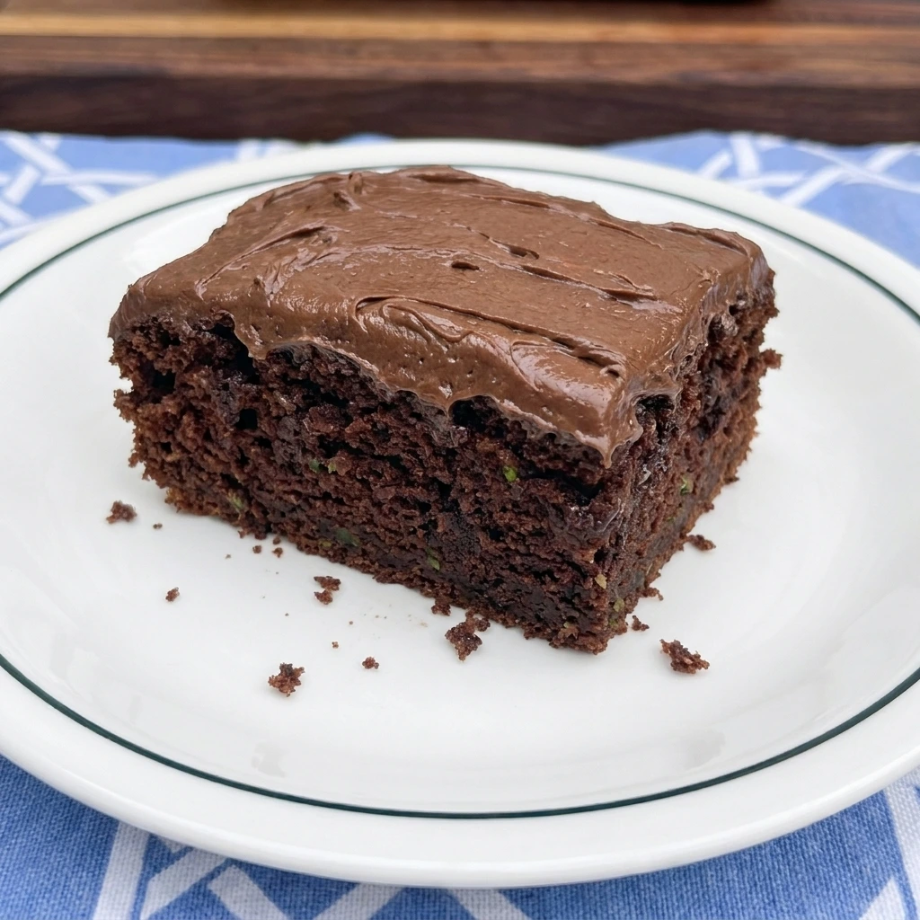 Single slice of moist Chocolate Zucchini Cake showing the rich interior