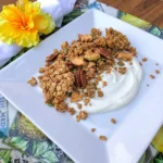 Cinnamon Apple Granola in a white bowl with golden oat clusters and apple pieces