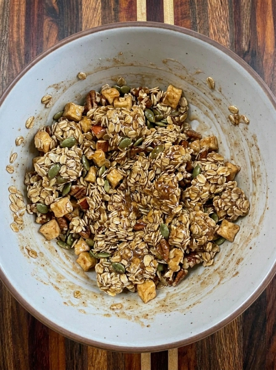Maple cinnamon coating folded into oats for Cinnamon Apple Granola
