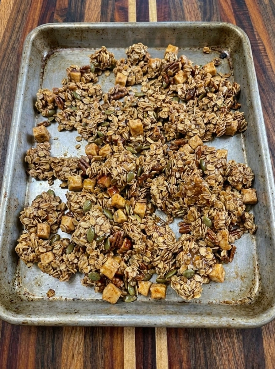 Baked Cinnamon Apple Granola with golden clusters on sheet pan