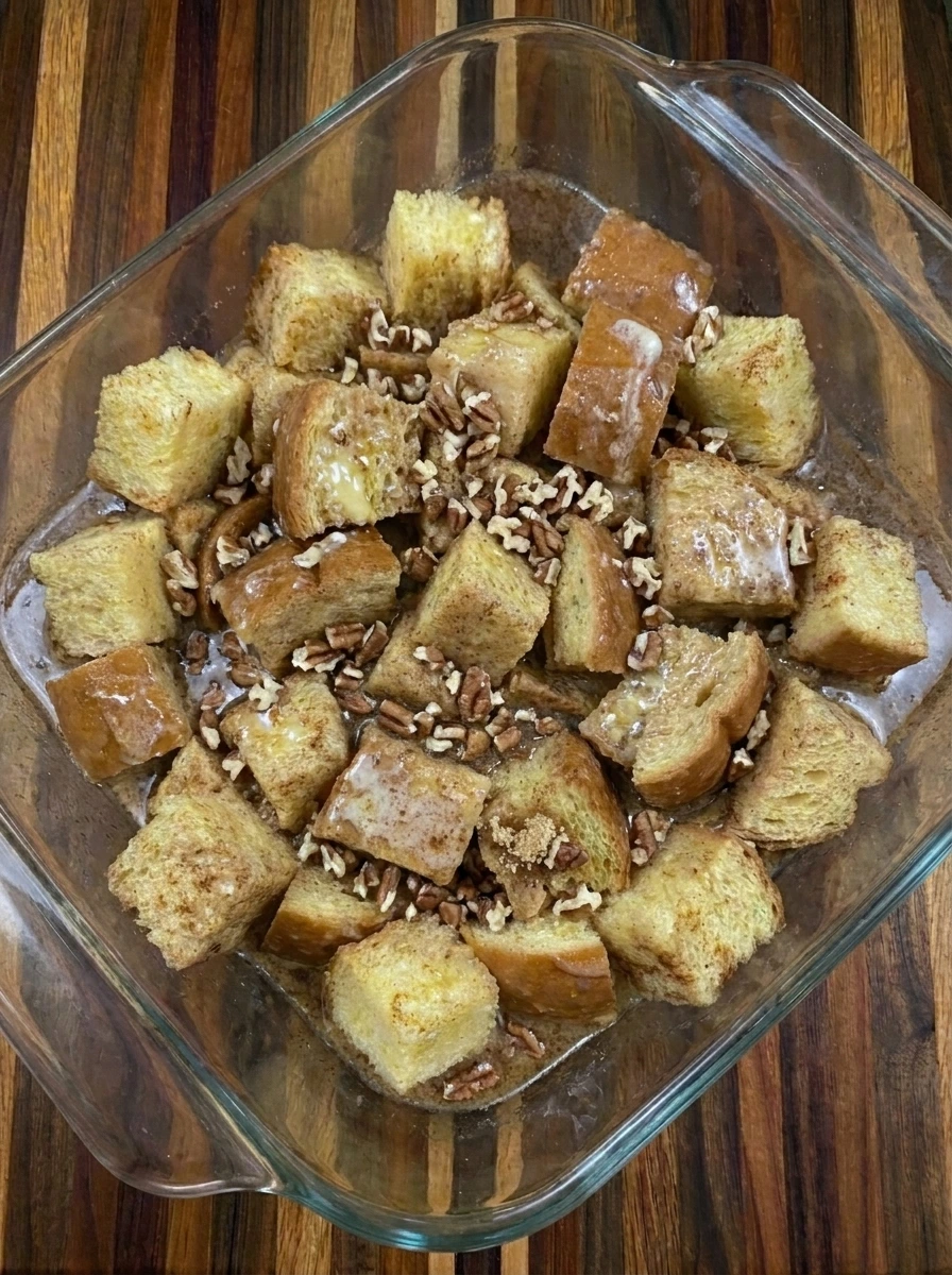 Pecan topping scattered over Cinnamon French Toast Bake
