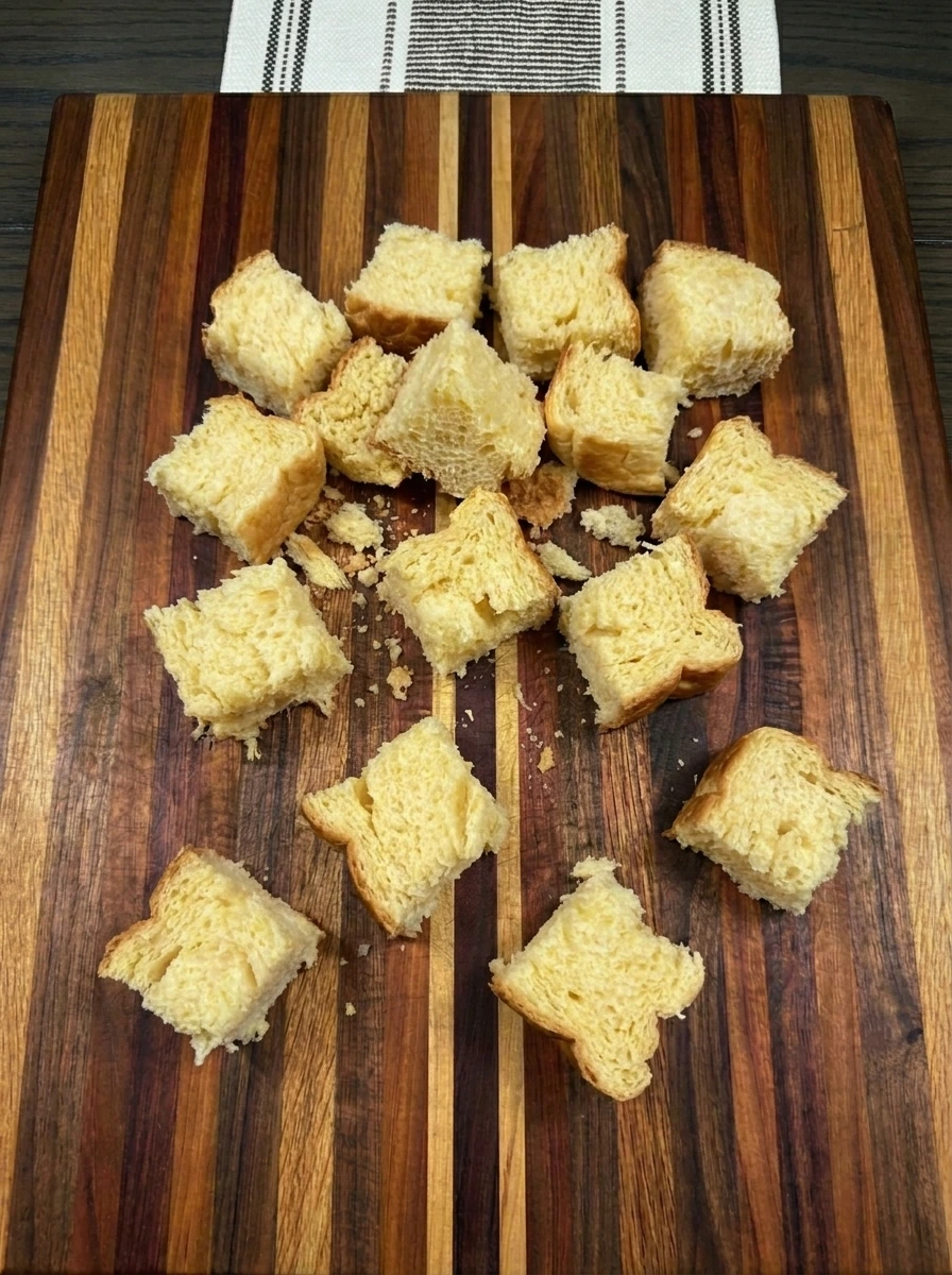 Cubed brioche for Cinnamon French Toast Bake