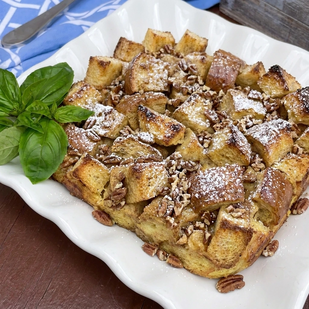 Golden Cinnamon French Toast Bake with pecans and powdered sugar