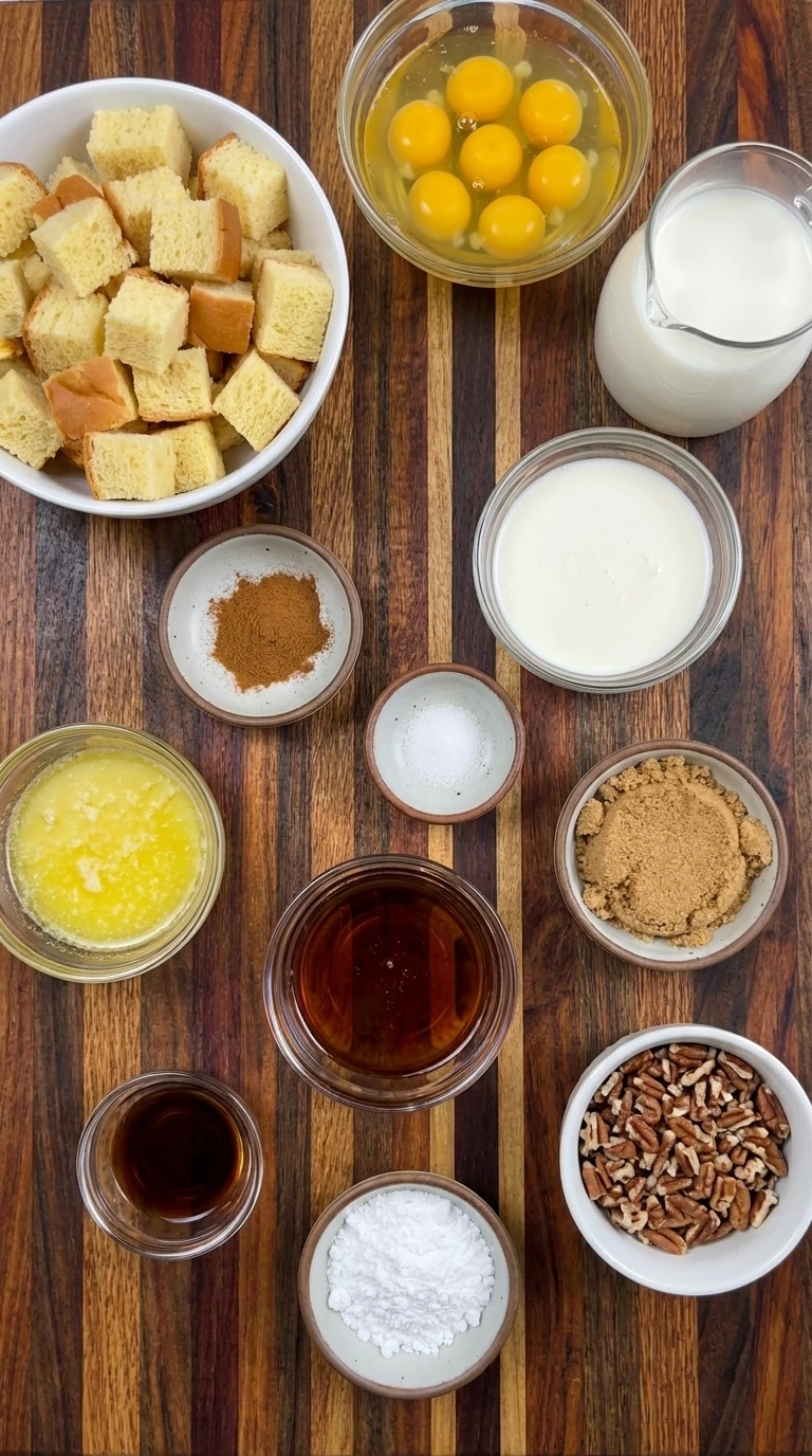 Ingredients for Cinnamon French Toast Bake in separate bowls
