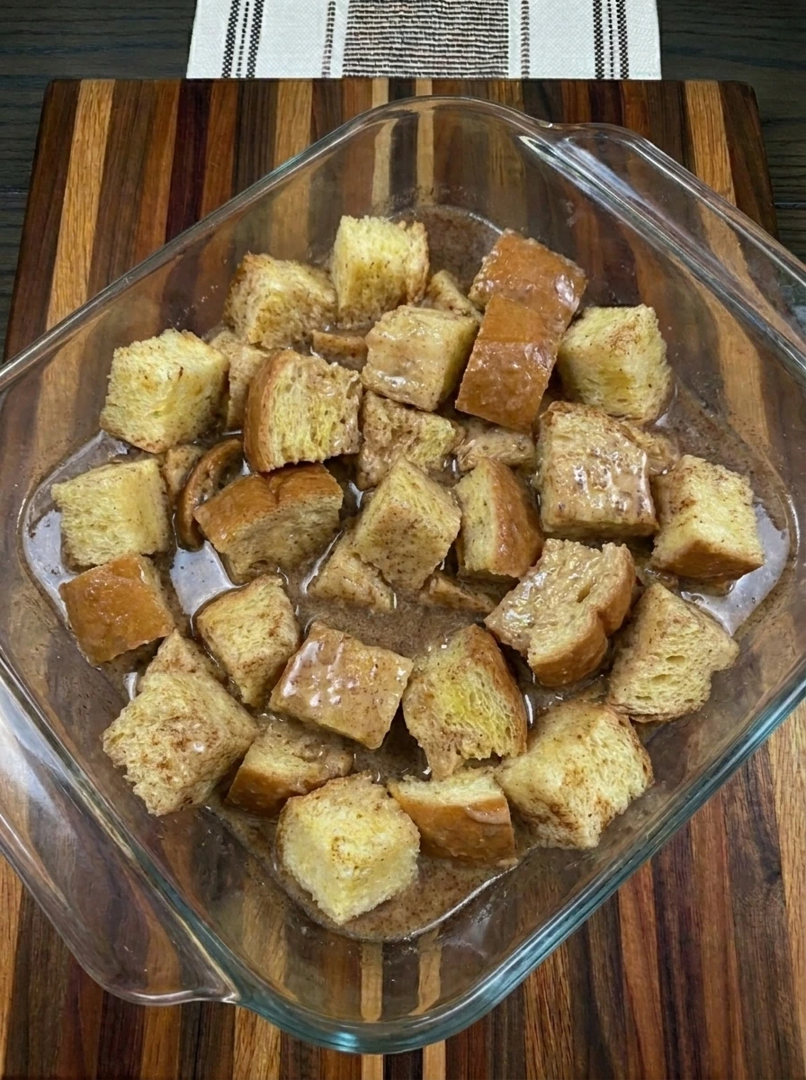 Soaked bread layered in baking dish for Cinnamon French Toast Bake
