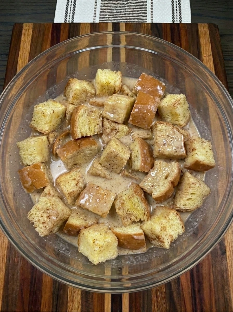 Brioche cubes soaking in cinnamon custard