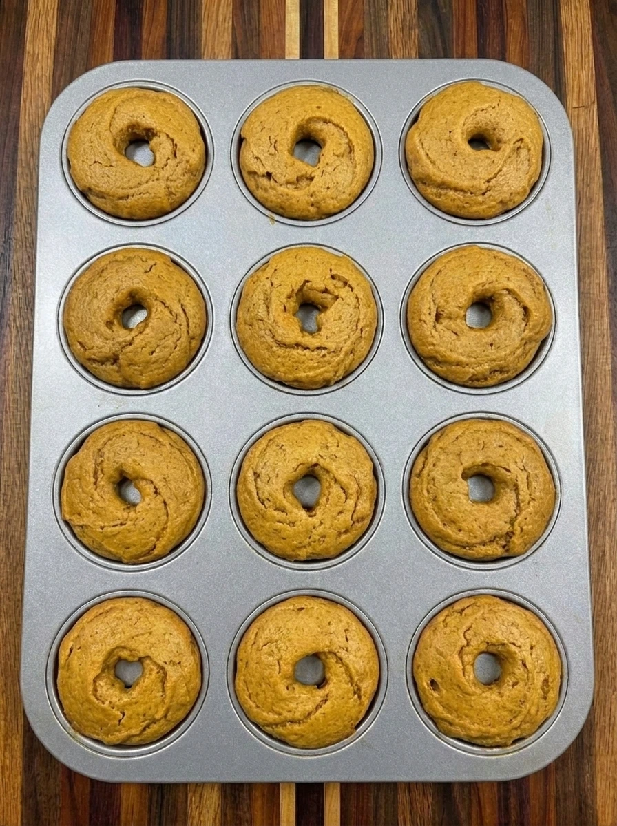 Baked pumpkin donuts in a donut pan with browned edges