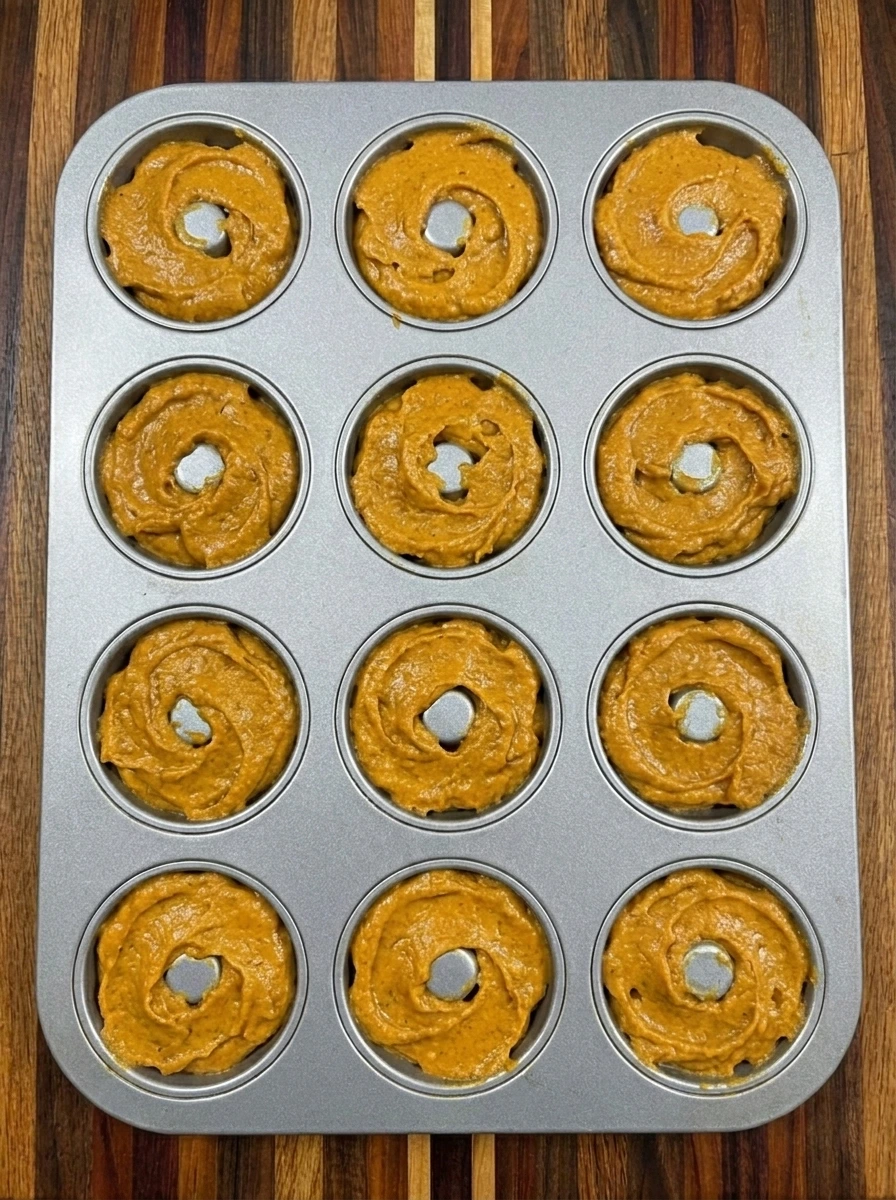 Pumpkin batter piped into donut pan wells