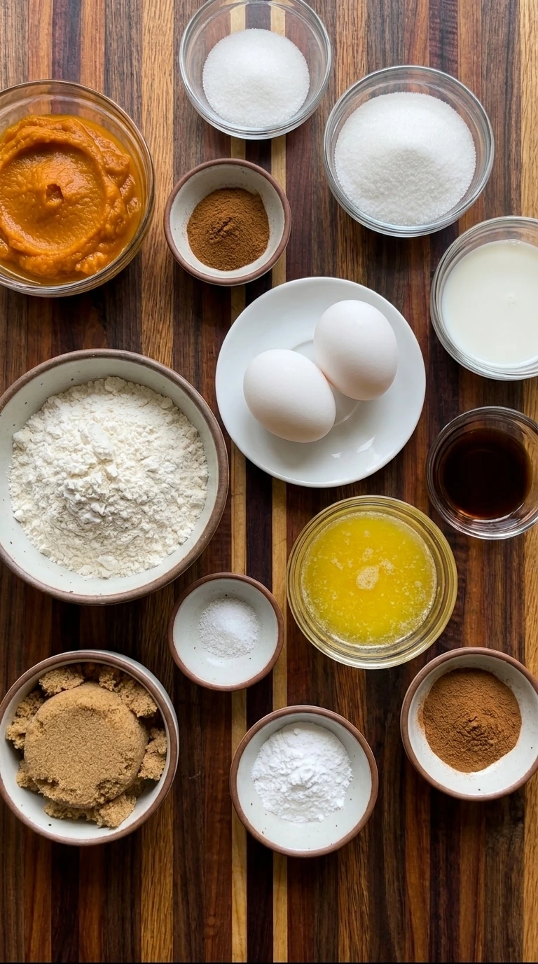 Ingredients for Cinnamon Sugar Pumpkin Donuts in separate small bowls