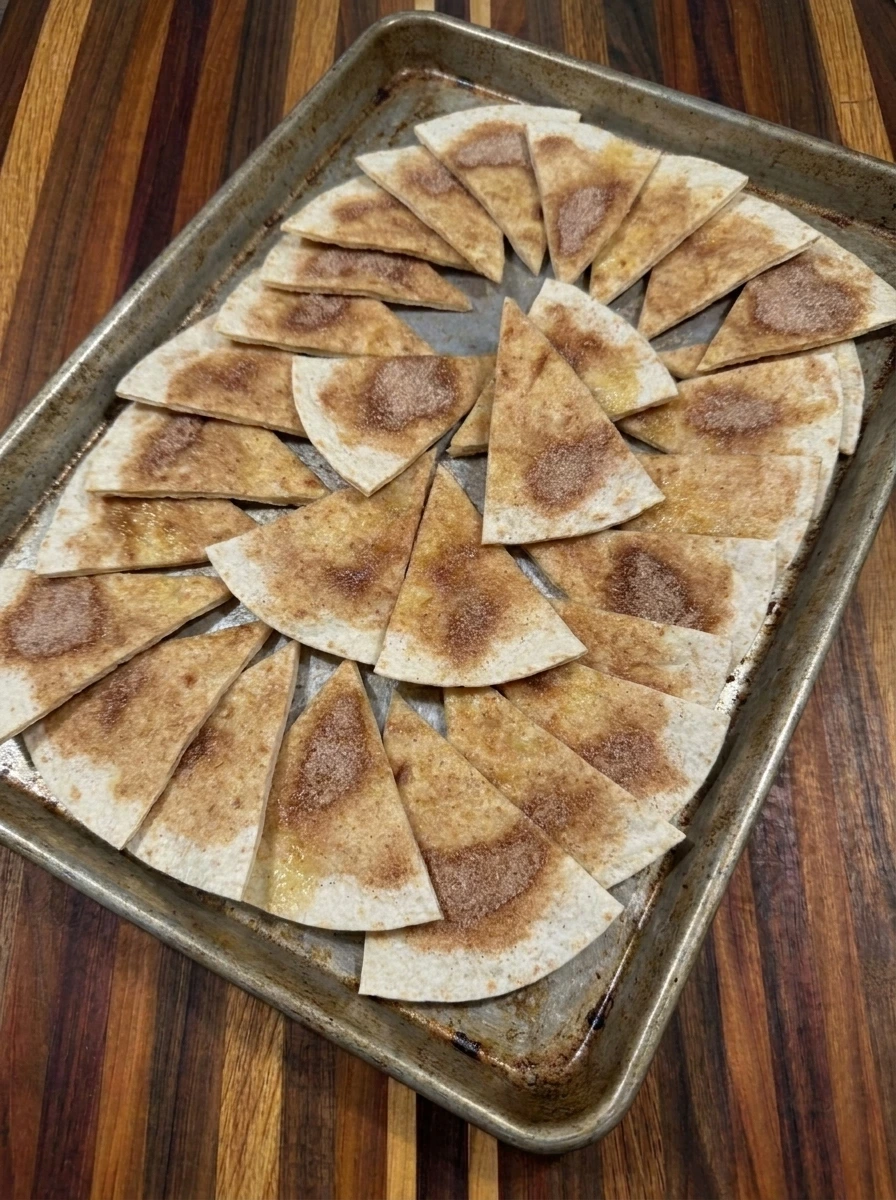 Golden baked cinnamon sugar tortilla chips