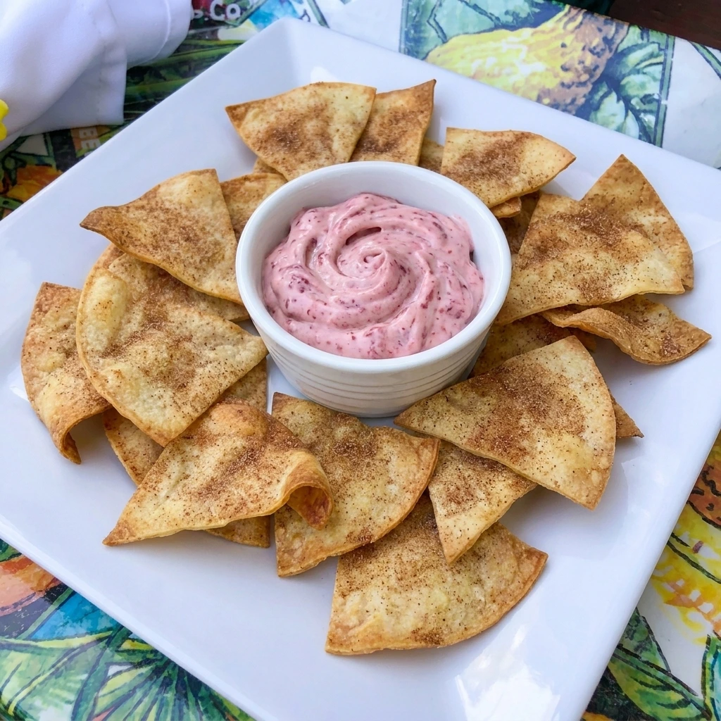 Cinnamon Sugar Tortilla Chips with Fruit Dip on a serving platter