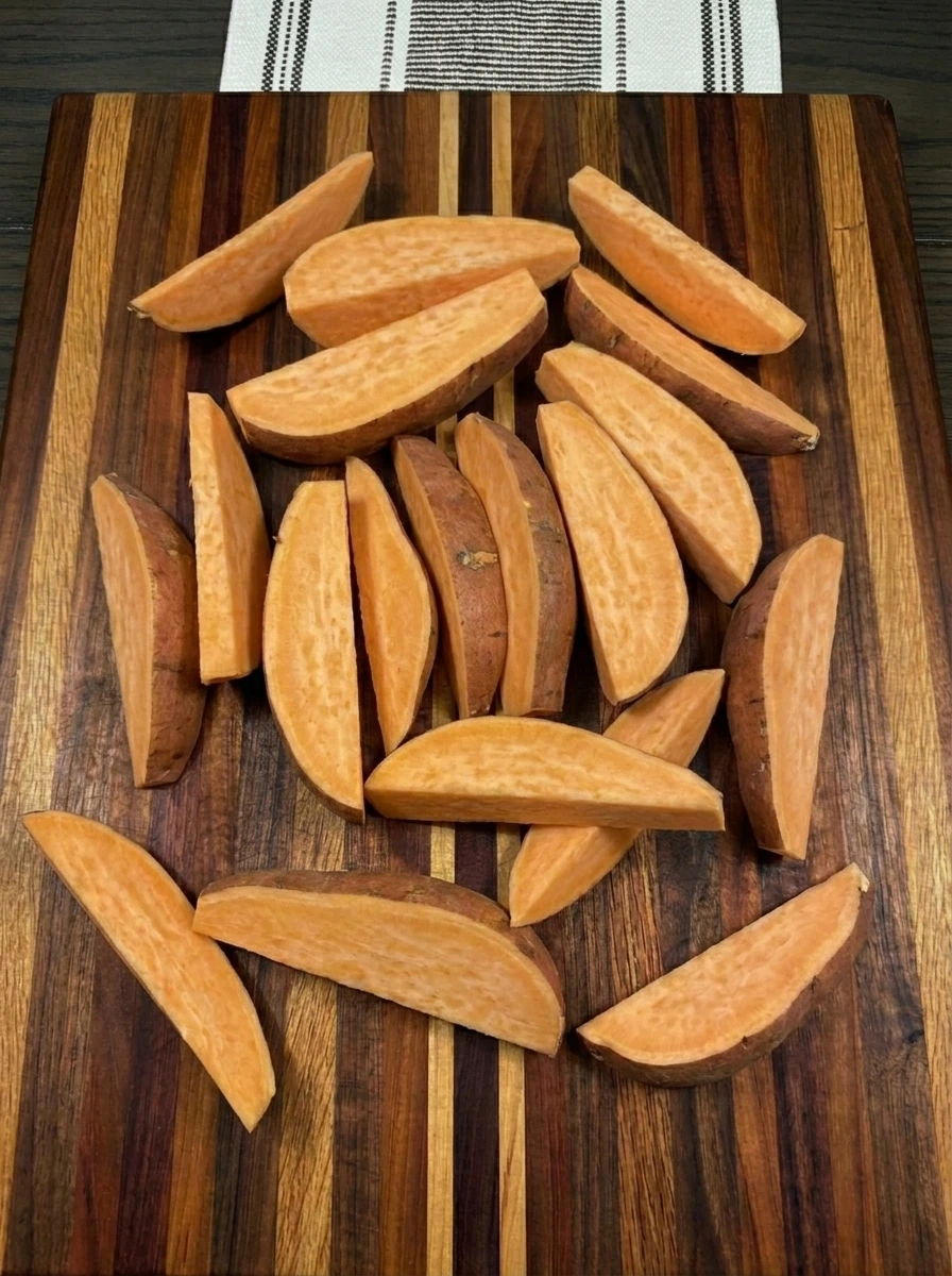 Sweet potatoes cut into thick wedges for Cinnamon Sweet Potato Wedges