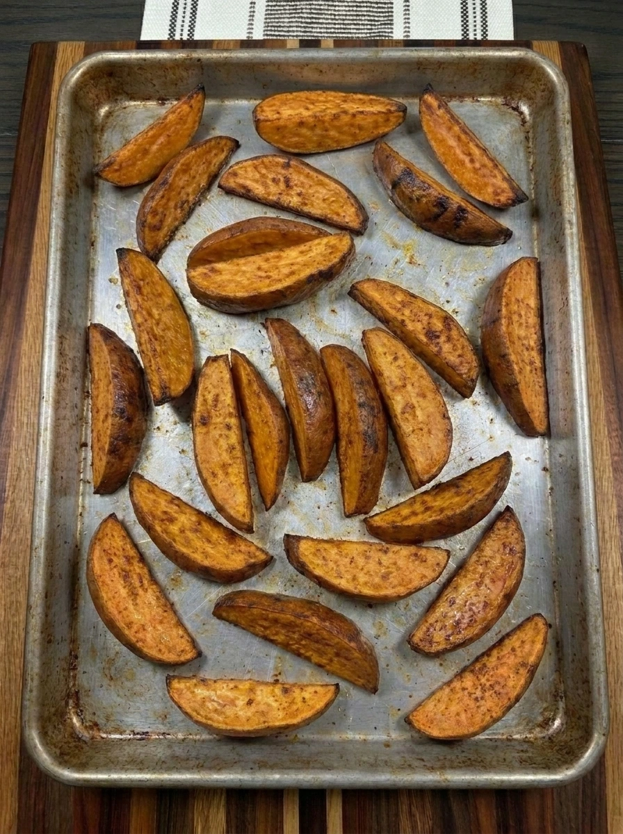 Fully roasted Cinnamon Sweet Potato Wedges with caramelized patches