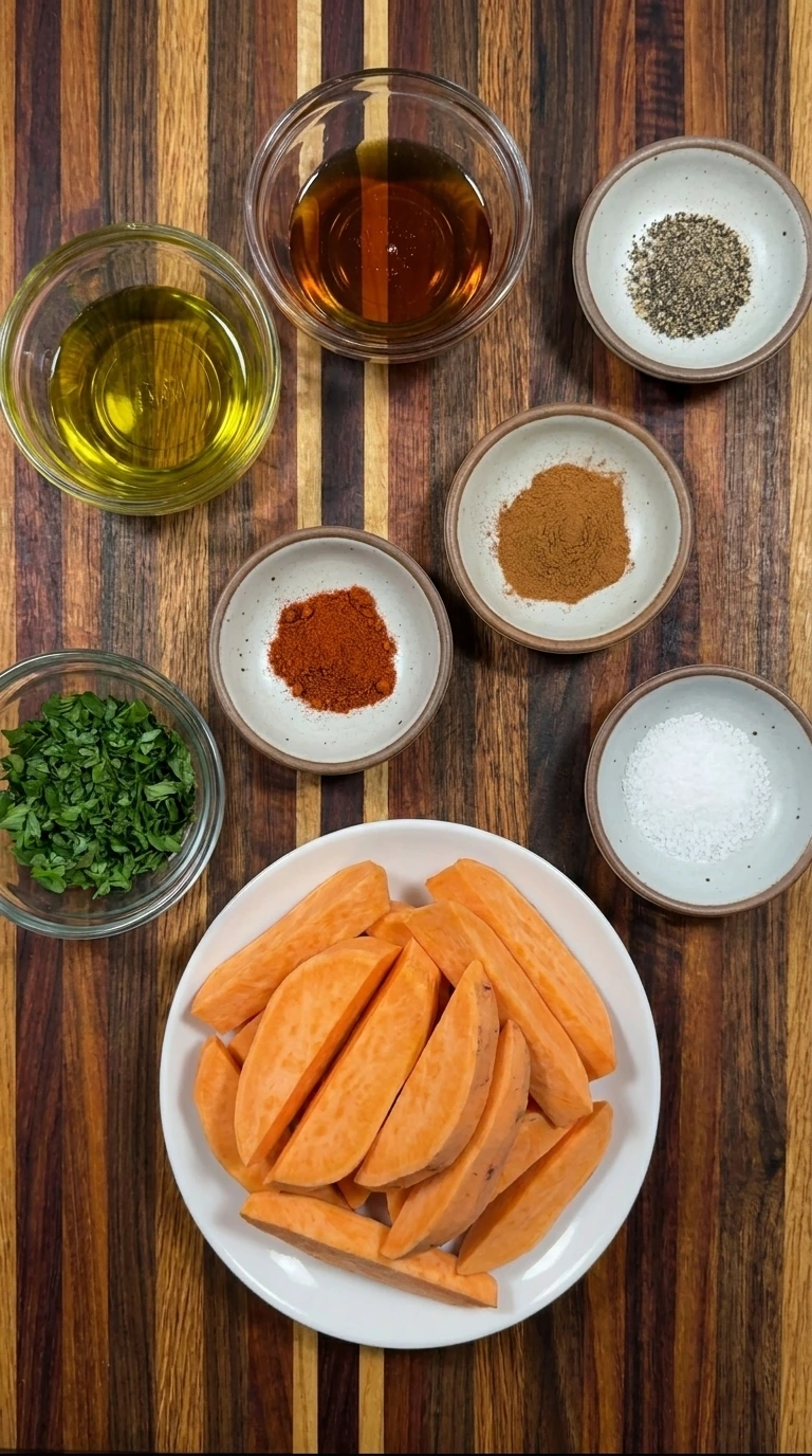 Ingredients for Cinnamon Sweet Potato Wedges in separate small containers