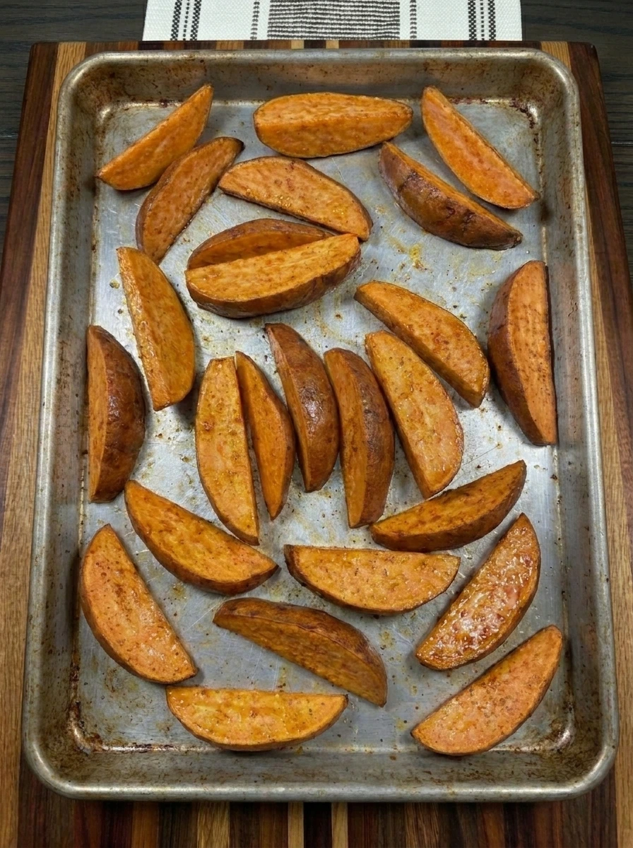 Cinnamon Sweet Potato Wedges roasting with browned edges