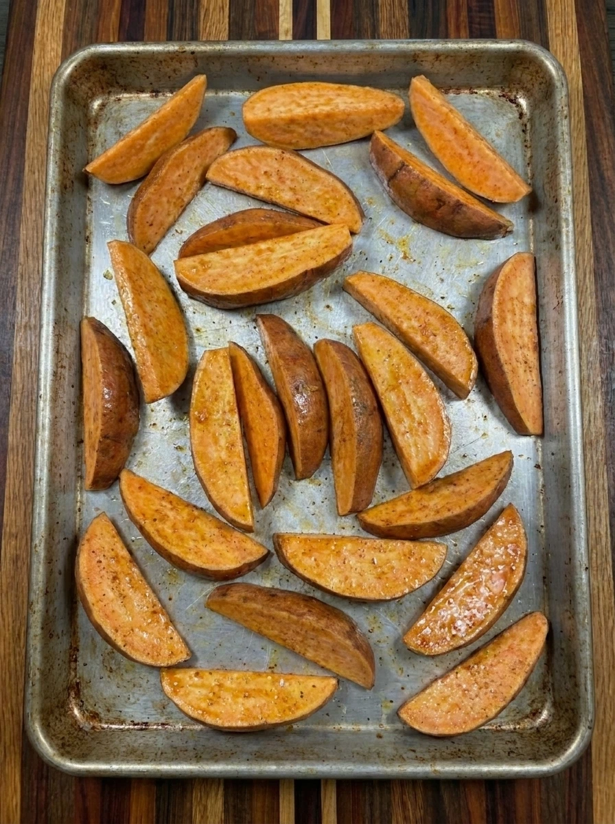 Seasoned Cinnamon Sweet Potato Wedges spread on a sheet pan
