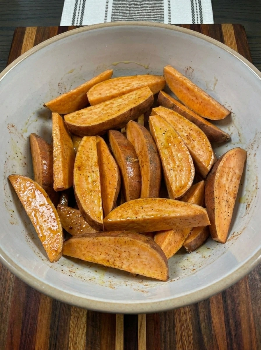 Sweet potato wedges tossed with cinnamon maple coating