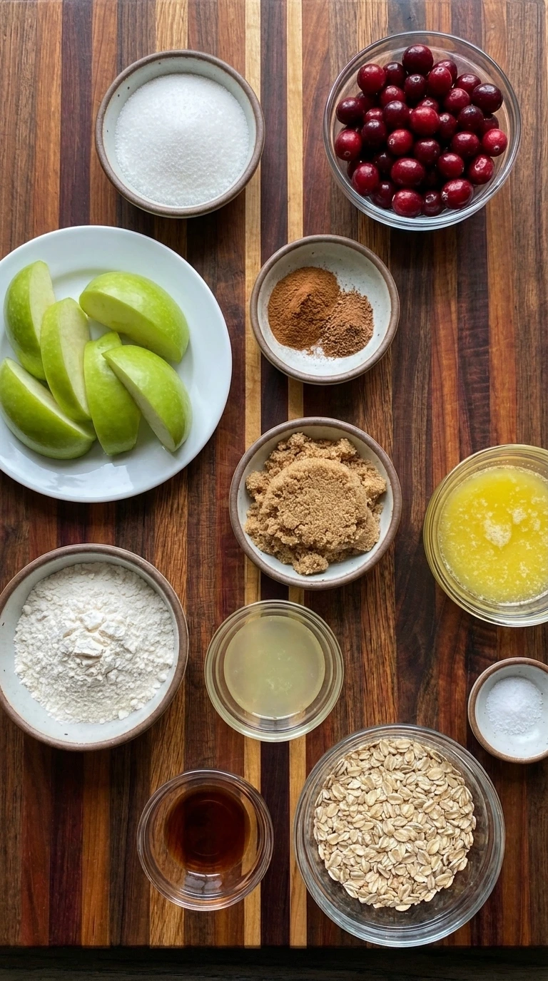 Ingredients for Cranberry Apple Crisp in separate small containers