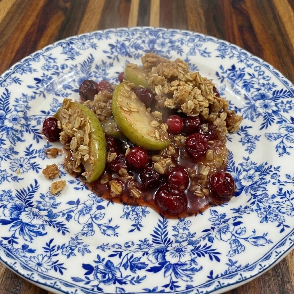 Single serving of Cranberry Apple Crisp showing soft fruit and oat topping