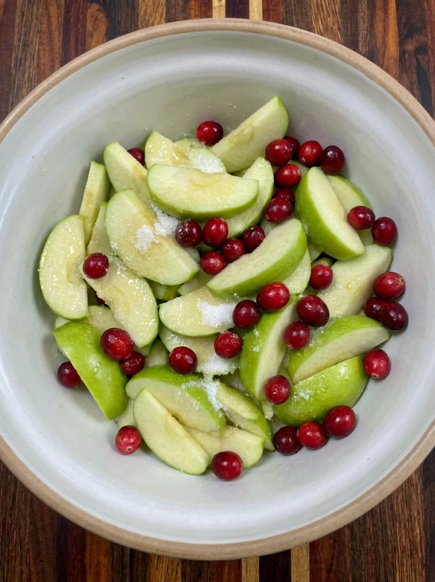 Sliced apples and cranberries tossed for Cranberry Apple Crisp