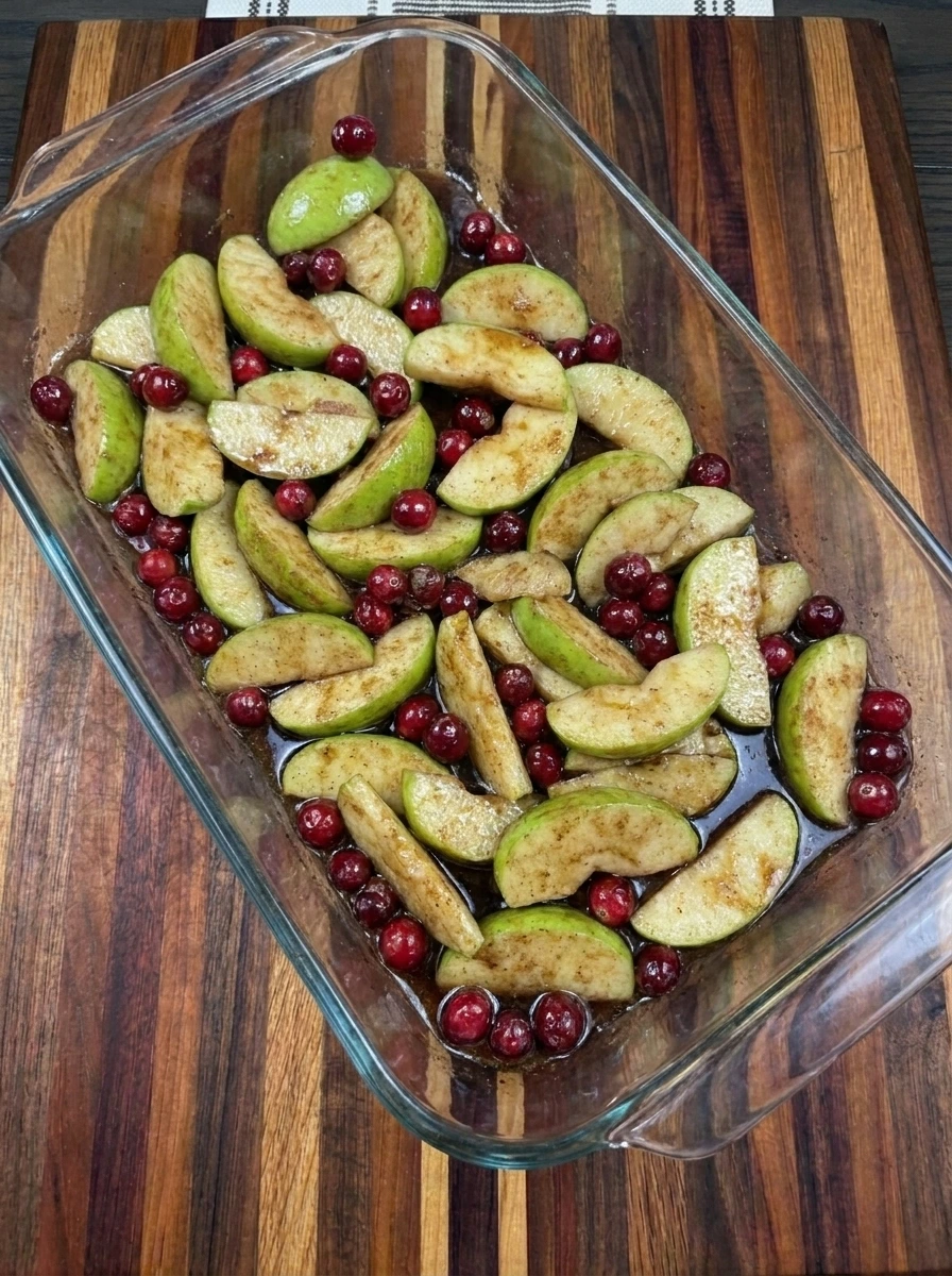 Cranberry Apple Crisp filling spread in a baking dish