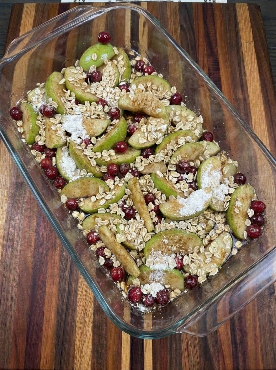 Oat crumble topping scattered over Cranberry Apple Crisp