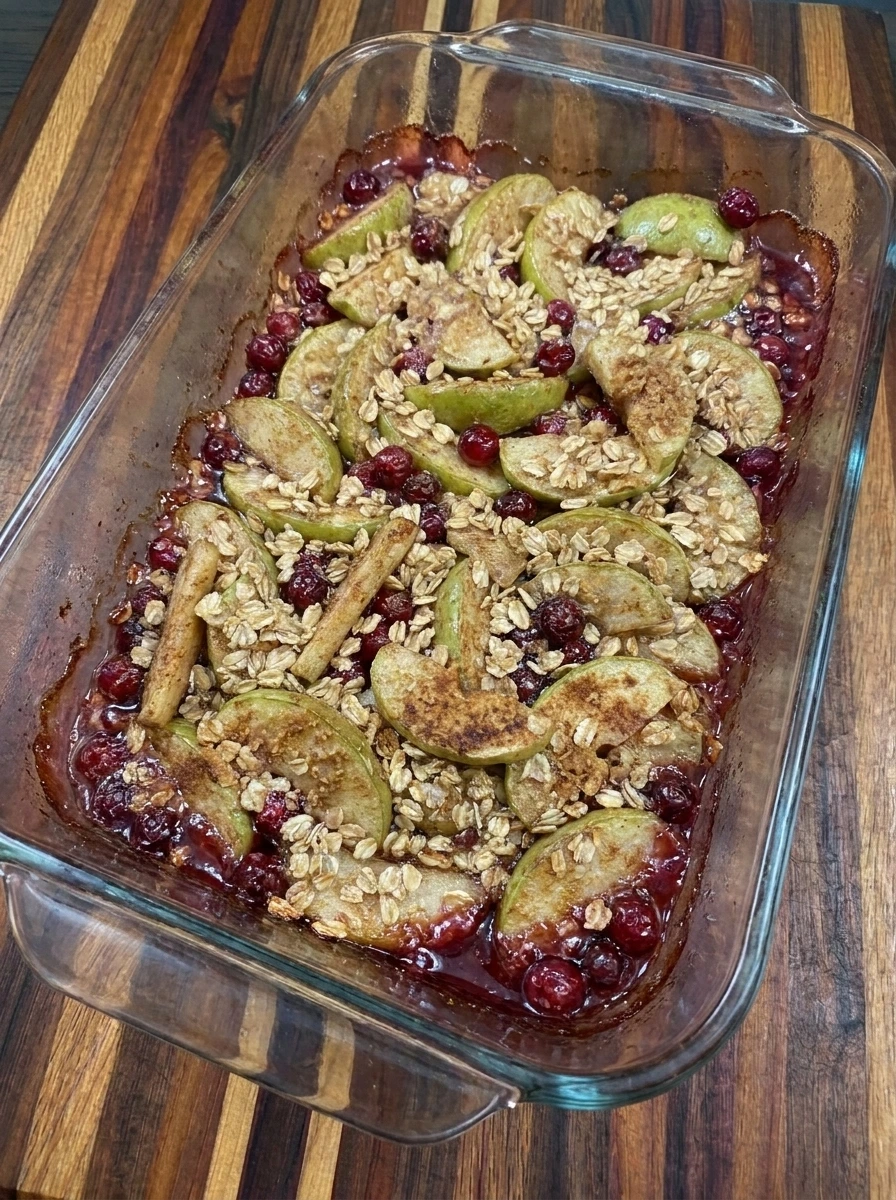 Baked Cranberry Apple Crisp with bubbling fruit and golden topping
