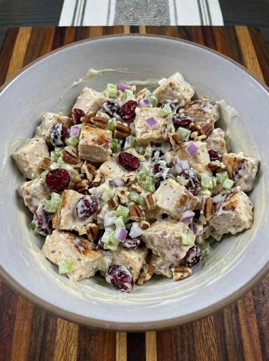 Cranberry Chicken Salad folded with chicken cranberries celery onion and pecans