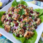 Cranberry Chicken Salad with browned chicken cranberries celery pecans and creamy dressing