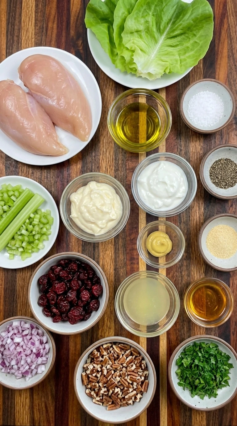Ingredients for Cranberry Chicken Salad arranged in separate small containers