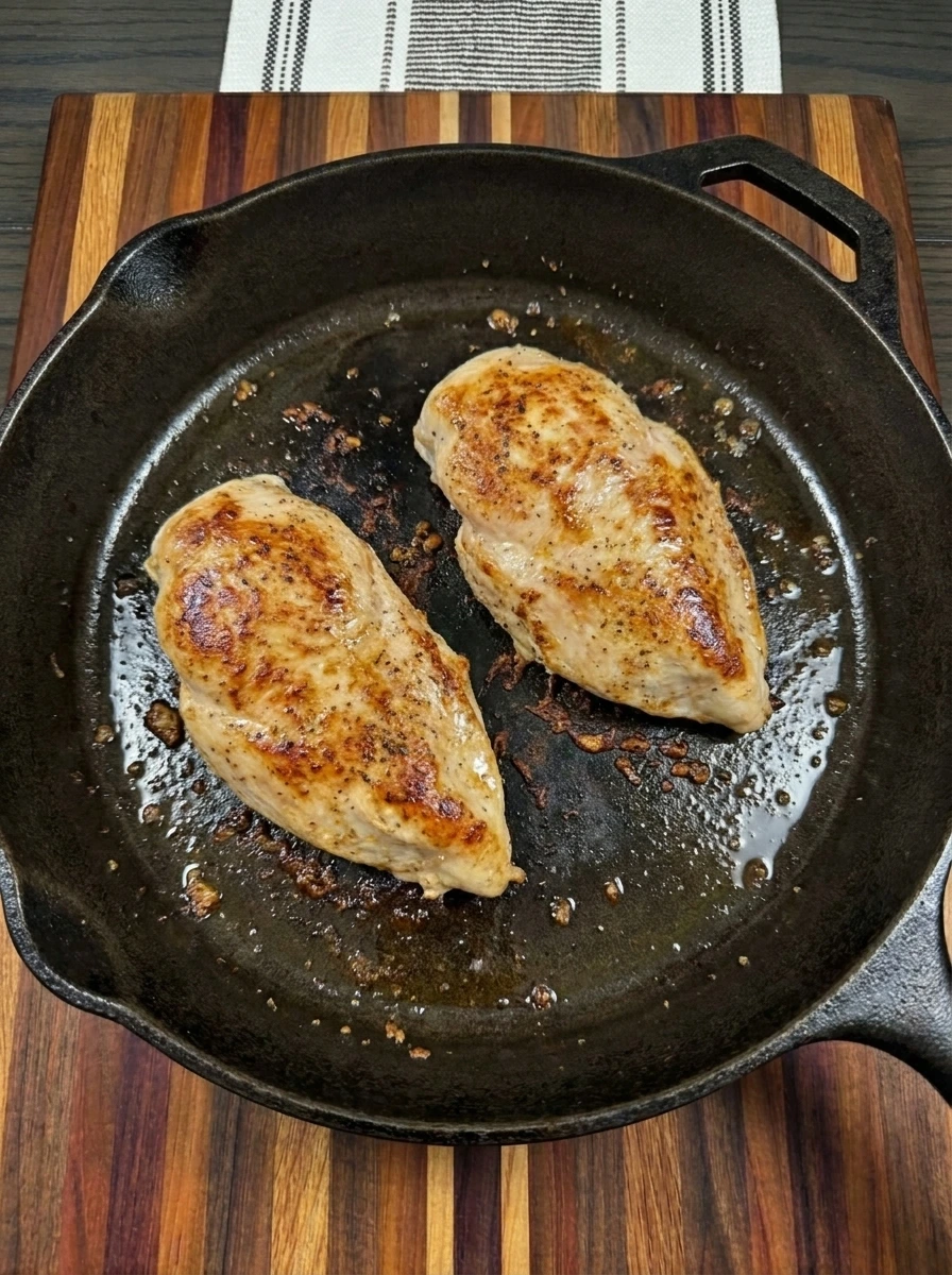 Two chicken breasts seared golden for Cranberry Chicken Salad