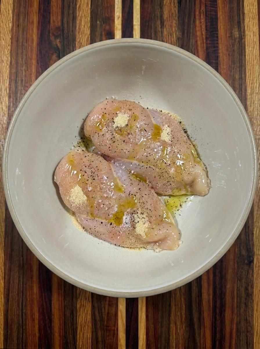 Two chicken breasts seasoned for Cranberry Chicken Salad